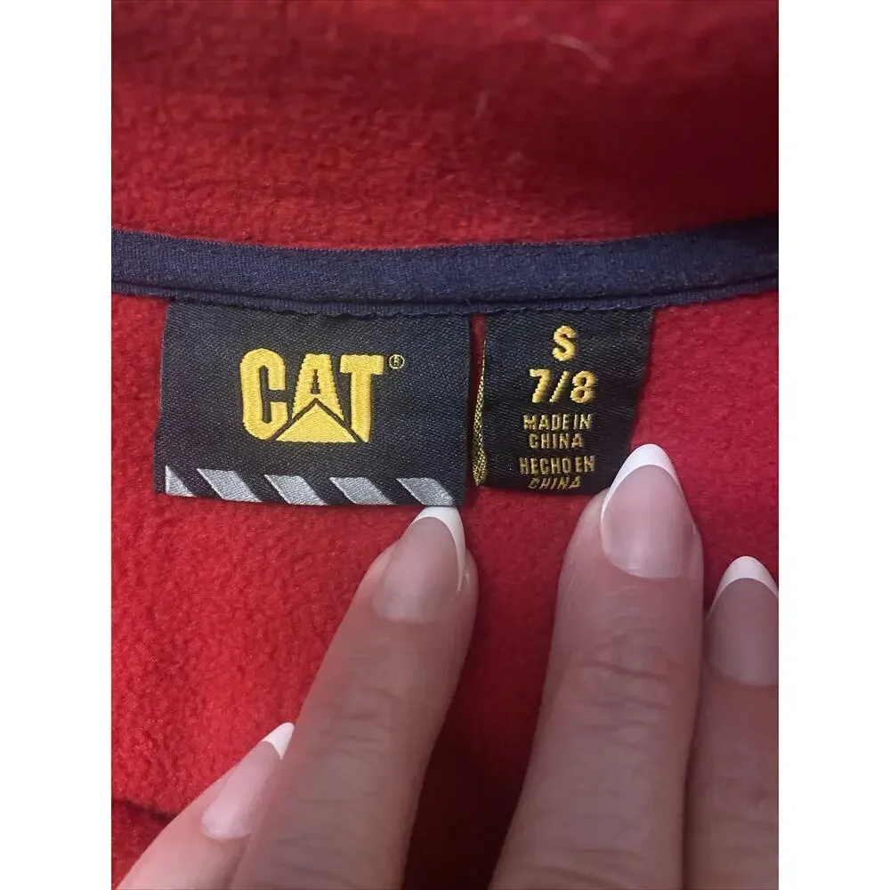 Cat Caterpillar Brand Red/Black Trim Fleece Vest -2 Front Pockets Youth S 7/8